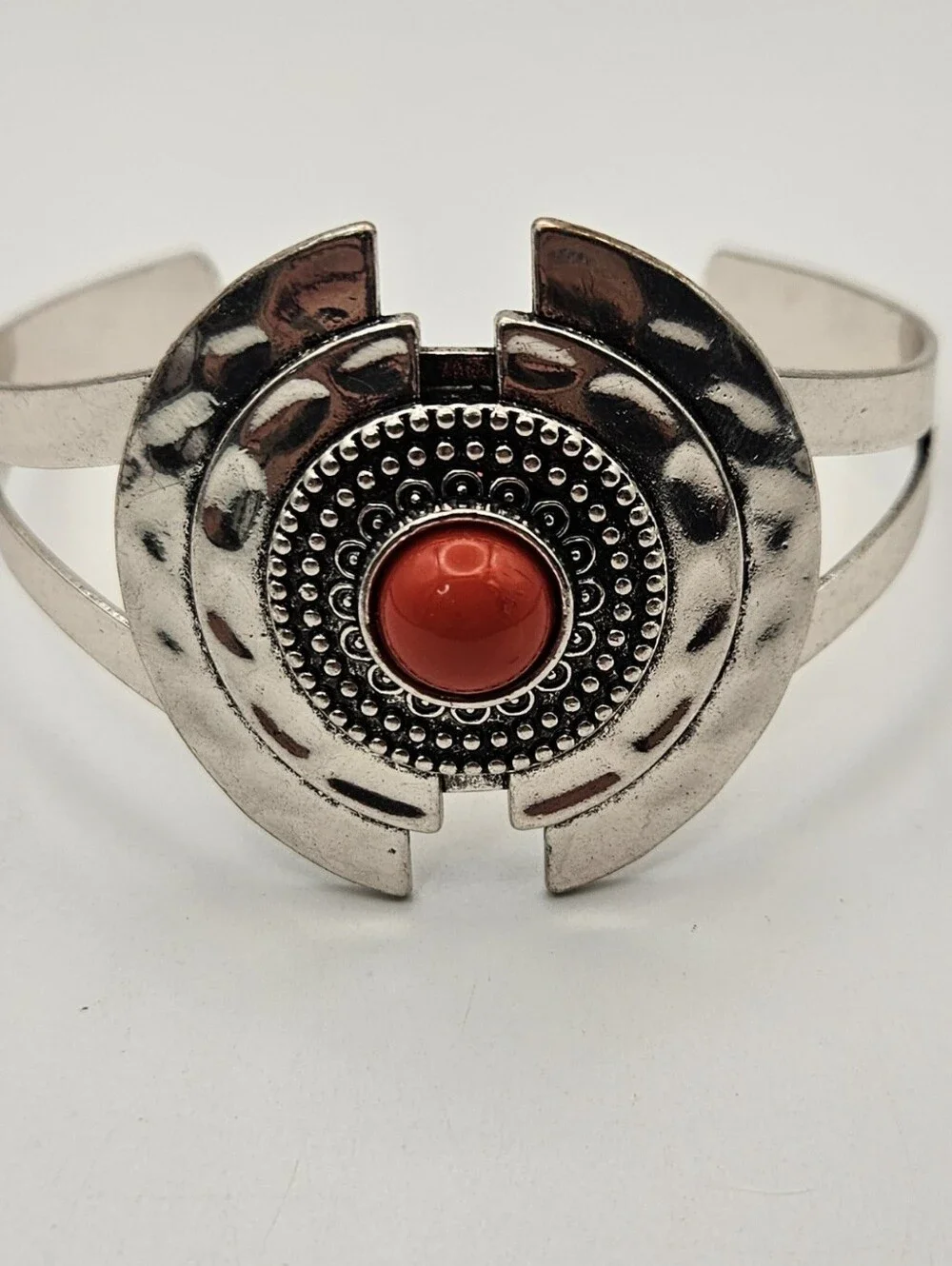 Cuff Bracelet Red Stone Silver Tone Hammered Statement
